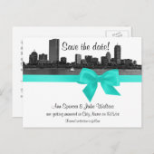 Boston Skyline Etched BW Aqua Save the Date Aankondigingskaart (Voorkant / Achterkant)