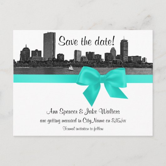 Boston Skyline Etched BW Aqua Save the Date Aankondigingskaart (Voorkant)