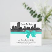 Boston Skyline Etched BW Aqua Save the Date Aankondigingskaart (Staand voorkant)