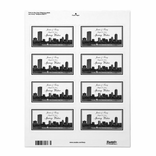 Boston Skyline Etched Framed H #2 Water Bottle Etiket (Full Sheet)