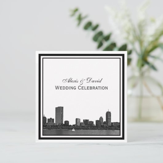 Boston Skyline Etched Framed Wedding Kaart (Staand voorkant)