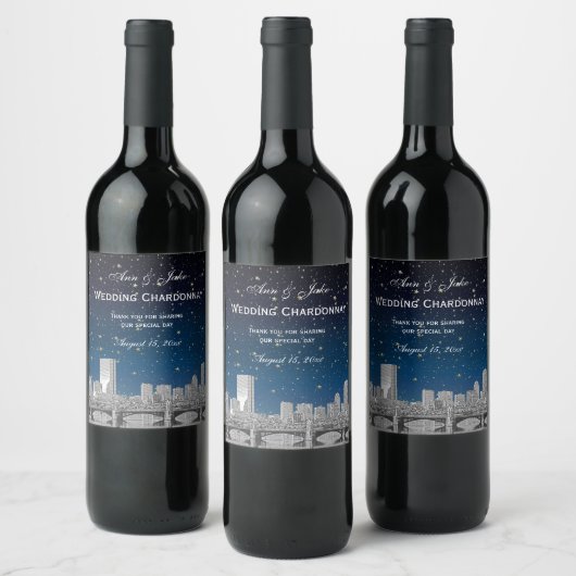 Boston Skyline Etched Starry Blue Gradient BG Wijn Etiket (Flessen)