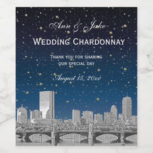 Boston Skyline Etched Starry Blue Gradient BG Wijn Etiket (Enkel label)