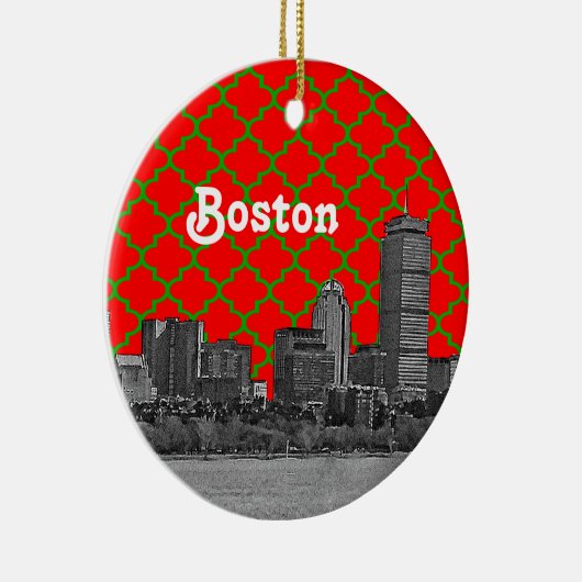 Boston Skyline geëtst Groen Rood Quatrefoil BG Xma Keramisch Ornament (Rechts)