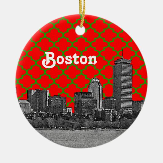Boston Skyline geëtst Groen Rood Quatrefoil BG Xma Keramisch Ornament (Voorkant)