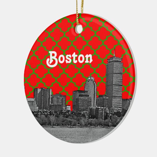Boston Skyline geëtst Groen Rood Quatrefoil BG Xma Keramisch Ornament (Links)