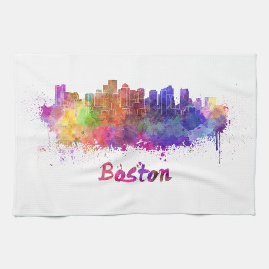 Boston skyline in watercolor theedoek (Horizontaal)
