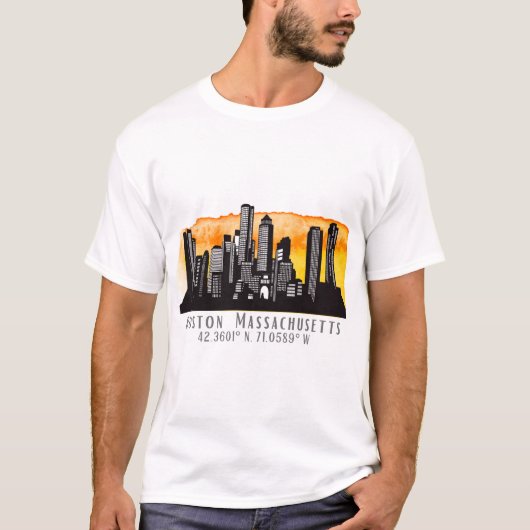 Boston Skyline Latitude en Longitude T-shirt (Voorkant)
