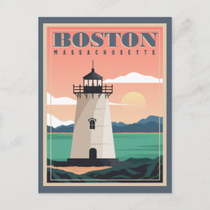 Boston Skyline & Lighthouse   Massachusetten Briefkaart