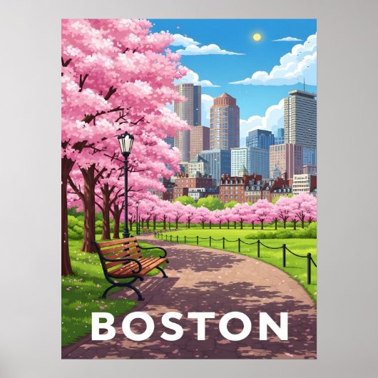 Boston skyline onder bloeiende kersenbloesems poster (Voorkant)