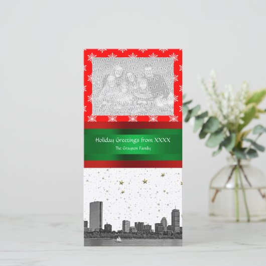 Boston Skyline Red Snowflake Kerstmis Feestdagenkaart (Staand voorkant)