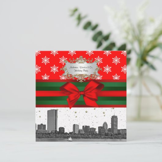Boston Skyline Red Snowflake Kerstmis Kaart (Staand voorkant)