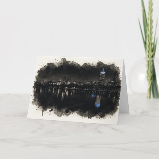 Boston Skyline Watercolor Night Greeting Card Kaart (Voorkant)