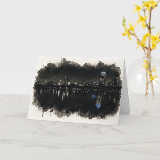 Boston Skyline Watercolor Night Greeting Card Kaart (Gele Bloem)