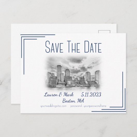 Boston Skyline Wedding Save the Date Briefkaart (Voorkant / Achterkant)