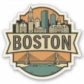 Boston Skyline Zakim Bridge Retro Travel Badge Sticker (Voorkant)
