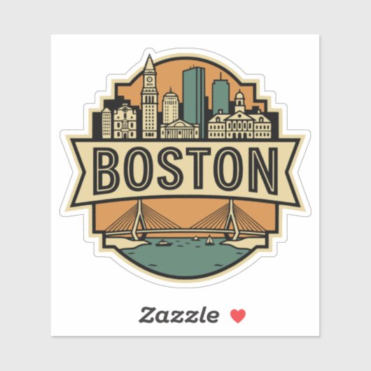 Boston Skyline Zakim Bridge Retro Travel Badge Sticker (Vel)