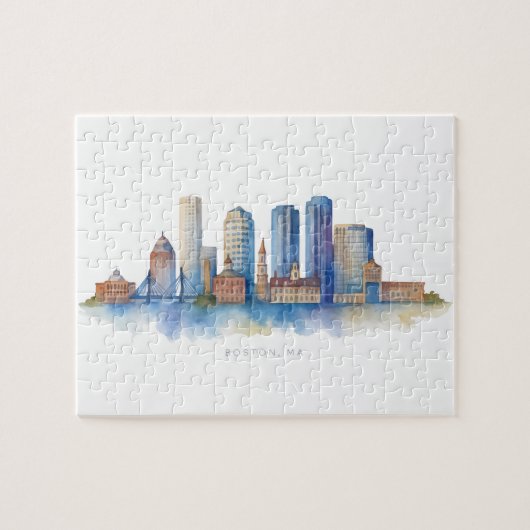 Boston Stadssilhouet Aquarel | Modern Boston MA  Legpuzzel (Horizontaal)