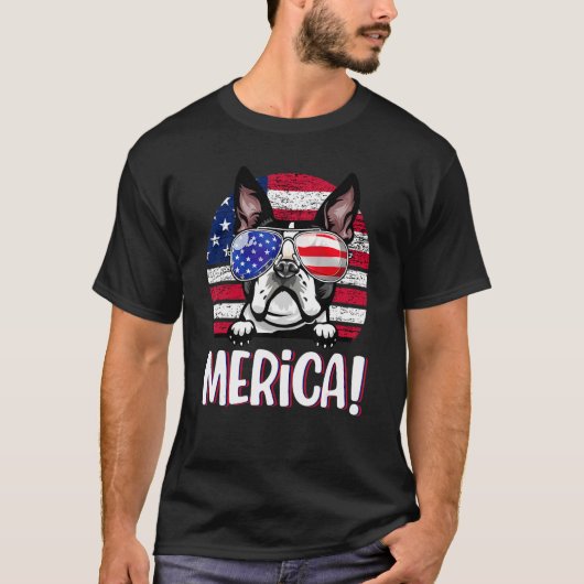 Boston Terrier 4th of juli Amerikaanse vlag hond U T-shirt (Voorkant)