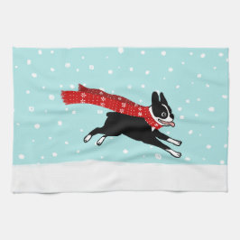 Boston Terrier aan het rennen in de sneeuw - Holid Theedoek