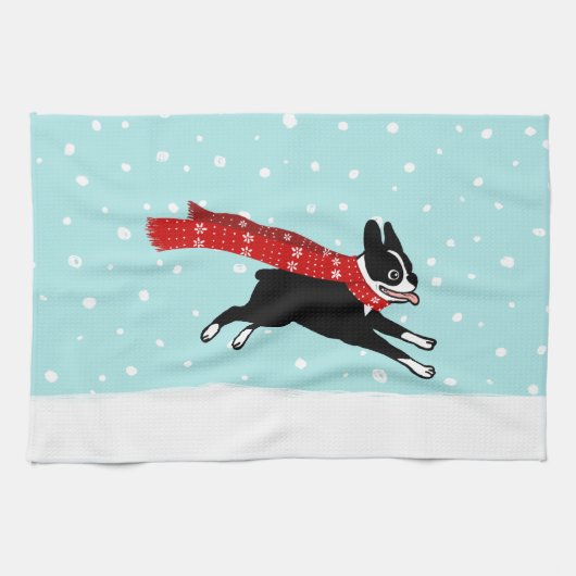 Boston Terrier aan het rennen in de sneeuw - Holid Theedoek (Horizontaal)