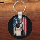 Boston Terrier American Flag Patriotic , 4 juli Sleutelhanger (Voorkant)
