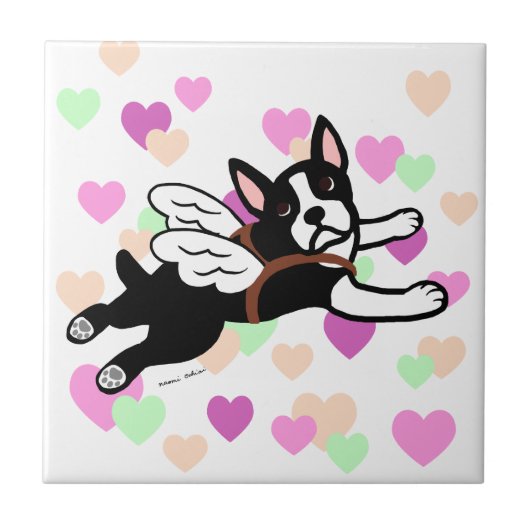 Boston Terrier Angel Cartoon Hearts Tegeltje (Voorkant)