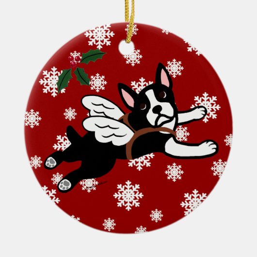 Boston Terrier Angel Cartoon Snowflakes Keramisch Ornament (Voorkant)