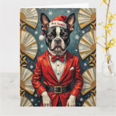 Boston Terrier Art Deco Christmas Tuxedo Hat Kaart (Gele Bloem)