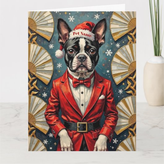 Boston Terrier Art Deco Christmas Tuxedo Hat Kaart (Voorkant)