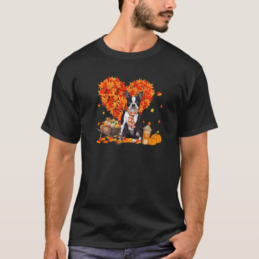 Boston Terrier Autumn Tree Fall Leaves Pumpkin Dog T-shirt (Voorkant)