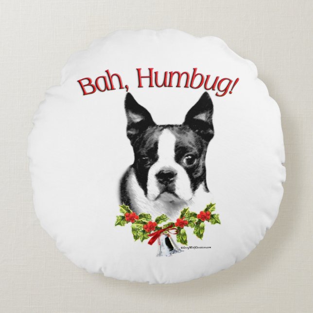 Boston Terrier Bah Humbug Rond Kussen (Voorkant)