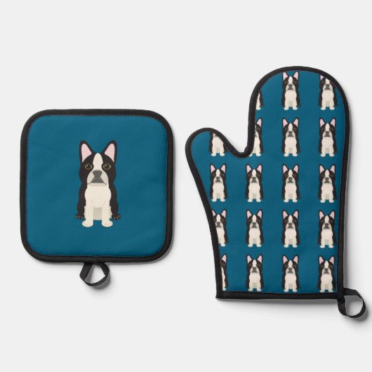 Boston Terrier blauw Ovenwant & Pannenlap Set (Voorkant)