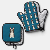 Boston Terrier blauw Ovenwant & Pannenlap Set (Voorkant / Achterkant)