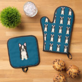 Boston Terrier blauw Ovenwant & Pannenlap Set (Top down)
