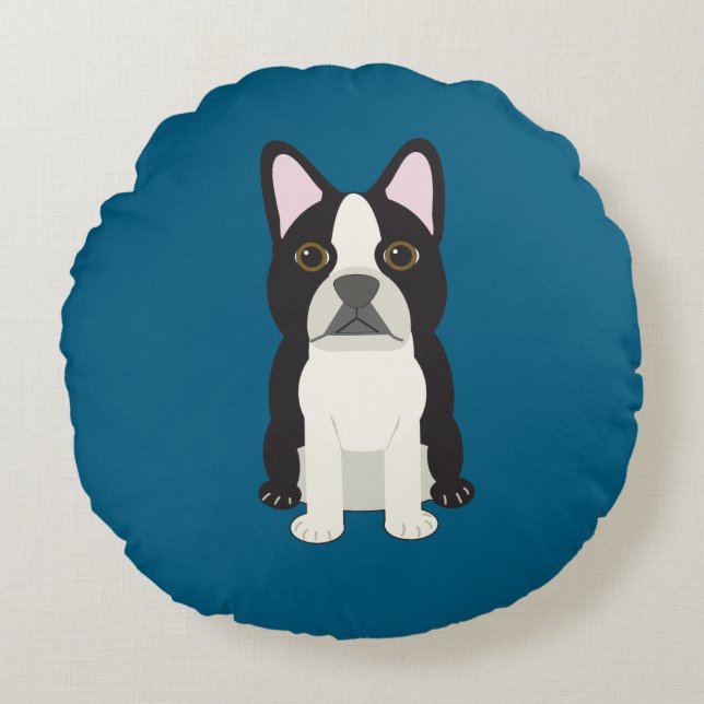 Boston Terrier blauw Rond Kussen (Voorkant)