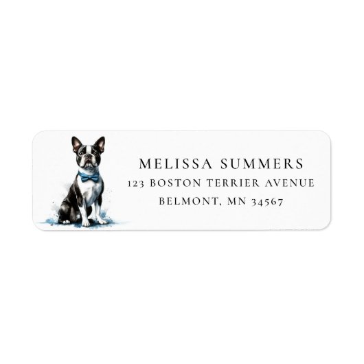 Boston Terrier Blauwe Das Stuuradres Label (Voorkant)