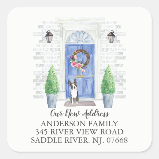 Boston Terrier Blue Door Nieuw Adreslabel Sticker (Voorkant)