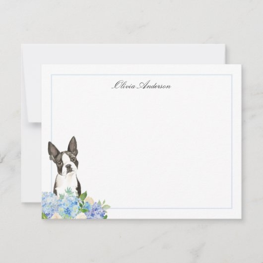Boston Terrier Blue Hydrangea gepersonaliseerd Notitiekaartje (Voorkant)