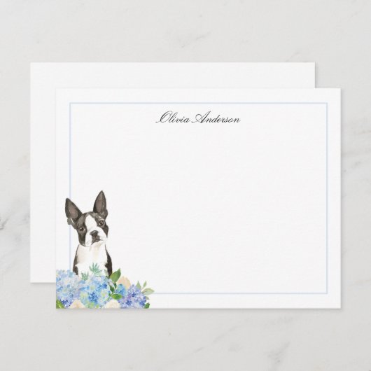 Boston Terrier Blue Hydrangea gepersonaliseerd Notitiekaartje (Voorkant / Achterkant)