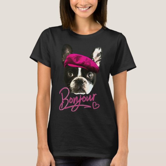 Boston Terrier Bonjour Pink Heart French T-shirt (Voorkant)