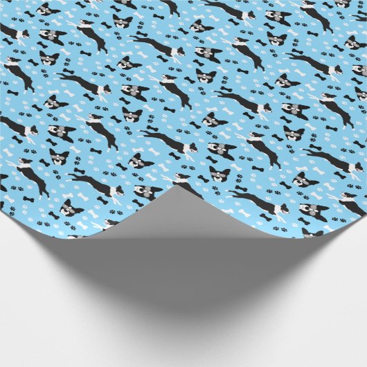 Boston Terrier Bosties Blue Pattern Cadeaupapier (Hoek)