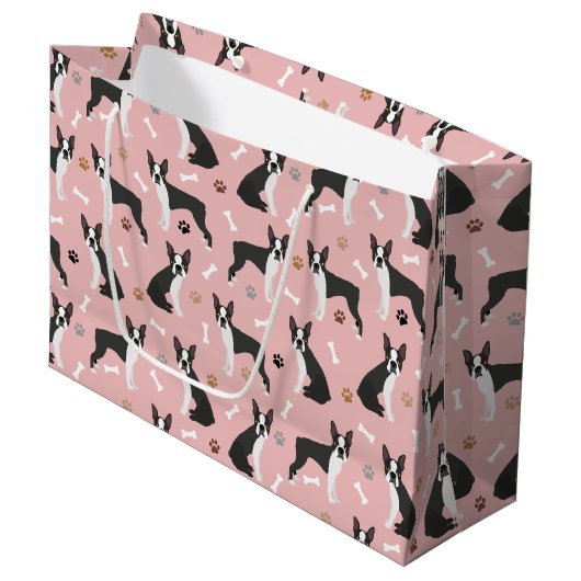 Boston Terrier Botten en Paws Large Gift Bag Groot Cadeauzakje (Voorkant Gekanteld)