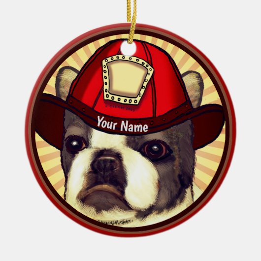 Boston Terrier Brandweerman Keramisch Ornament (Voorkant)