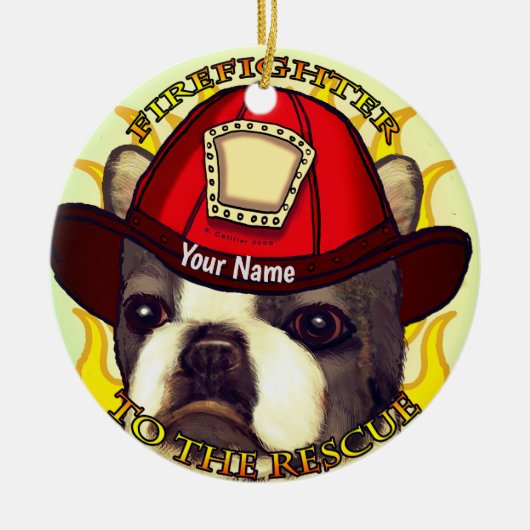 Boston Terrier Brandweerman Keramisch Ornament (Voorkant)