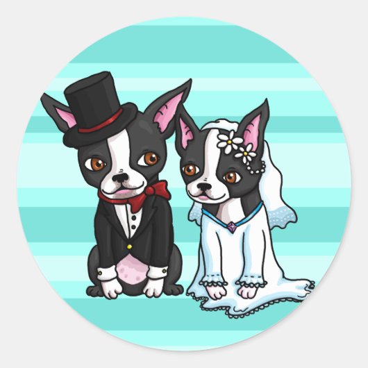 Boston Terrier Bride en bruidegom Ronde Sticker (Voorkant)