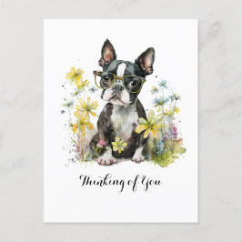 Boston Terrier Bril Bloemen Denken aan jou Briefkaart