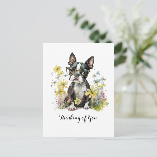 Boston Terrier Bril Bloemen Denken aan jou Briefkaart (Staand voorkant)
