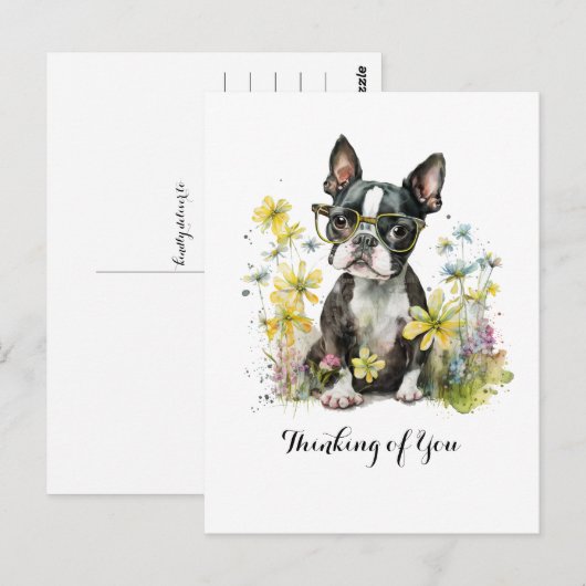Boston Terrier Bril Bloemen Denken aan jou Briefkaart (Voorkant / Achterkant)