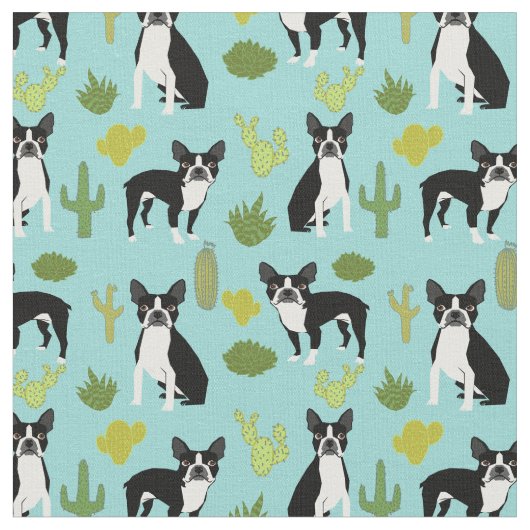 Boston Terrier Cactus Fabric Stof (Close Up)